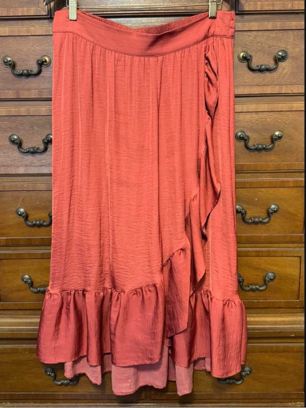 ELLE Rust Satin Faux Wrap Ruffle Midi Skirt L Boho Chic Cottagecore Burnt Orange